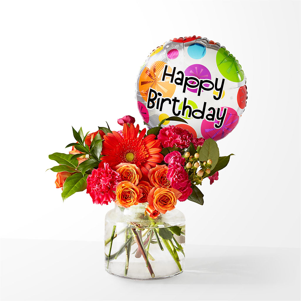 Fiesta Bouquet with Birthday Balloon – Vanessa Florist Corp, Brooklyn NY