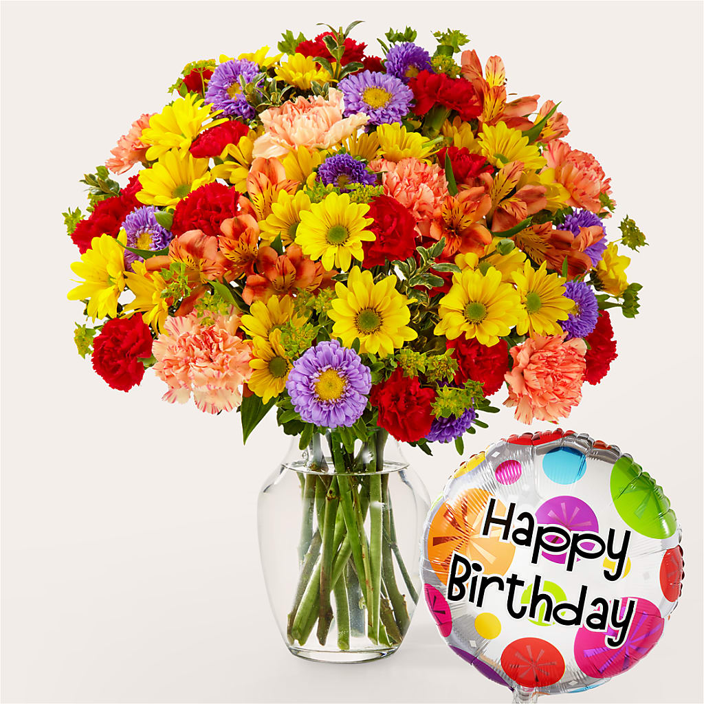 Kaleidoscope Bouquet with Birthday Balloon – Vanessa Florist Corp, Brooklyn NY