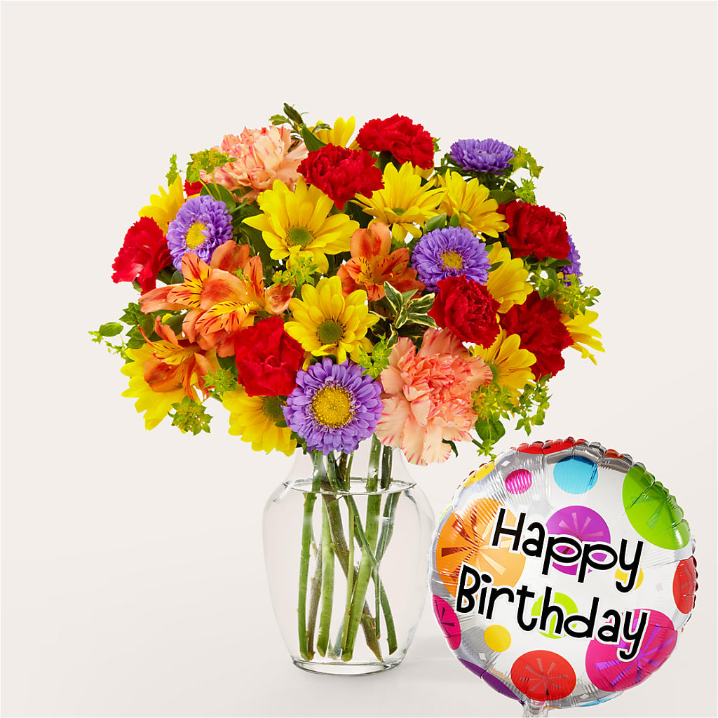 Kaleidoscope Bouquet with Birthday Balloon – Vanessa Florist Corp, Brooklyn NY