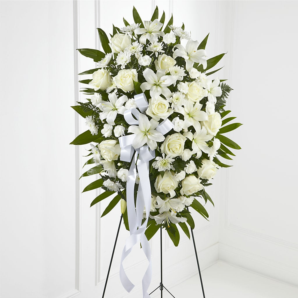 Exquisite Tribute Standing Spray-White Ribbon – Vanessa Florist Corp, Brooklyn NY