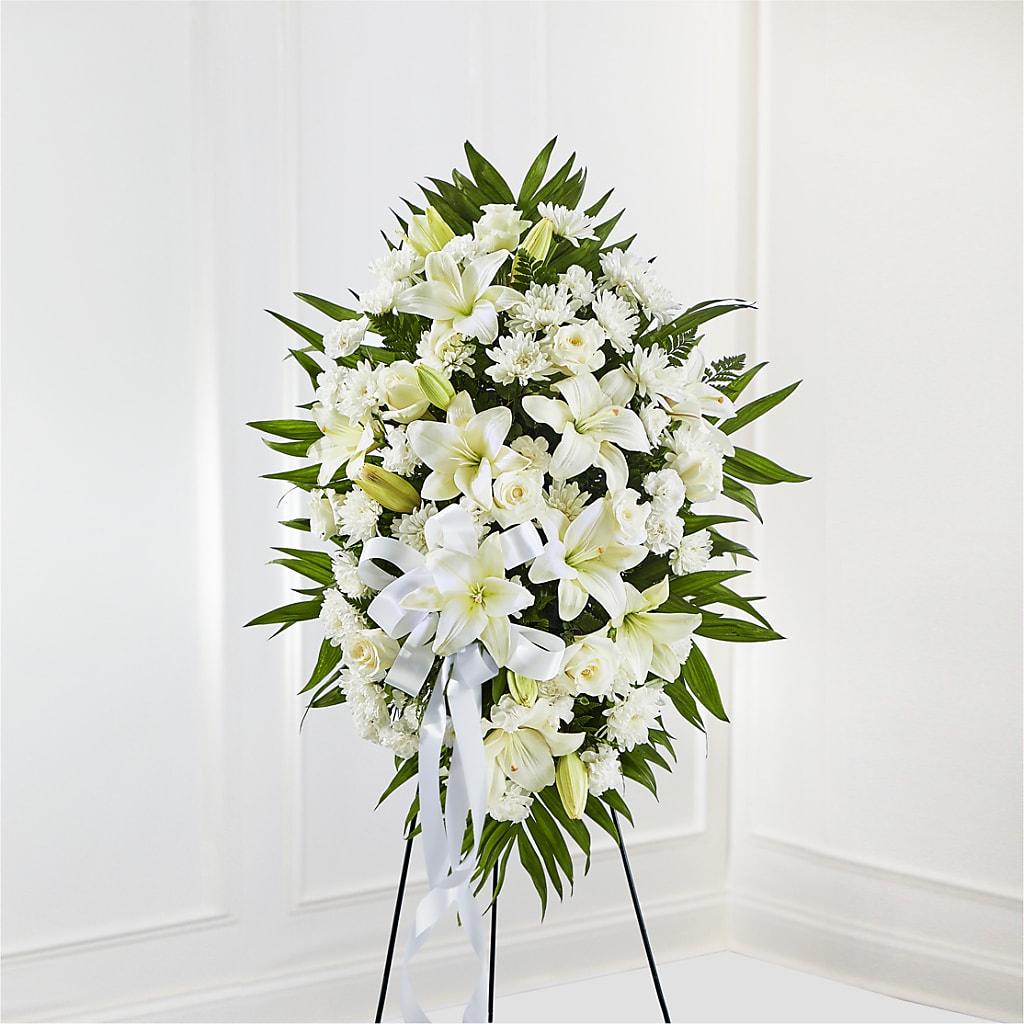 Exquisite Tribute Standing Spray-White Ribbon – Vanessa Florist Corp, Brooklyn NY